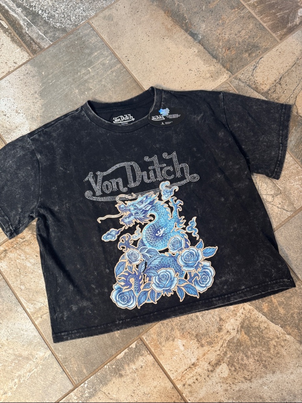 Von Dutch Black Tee with Blue Dragon & Rose Graphic